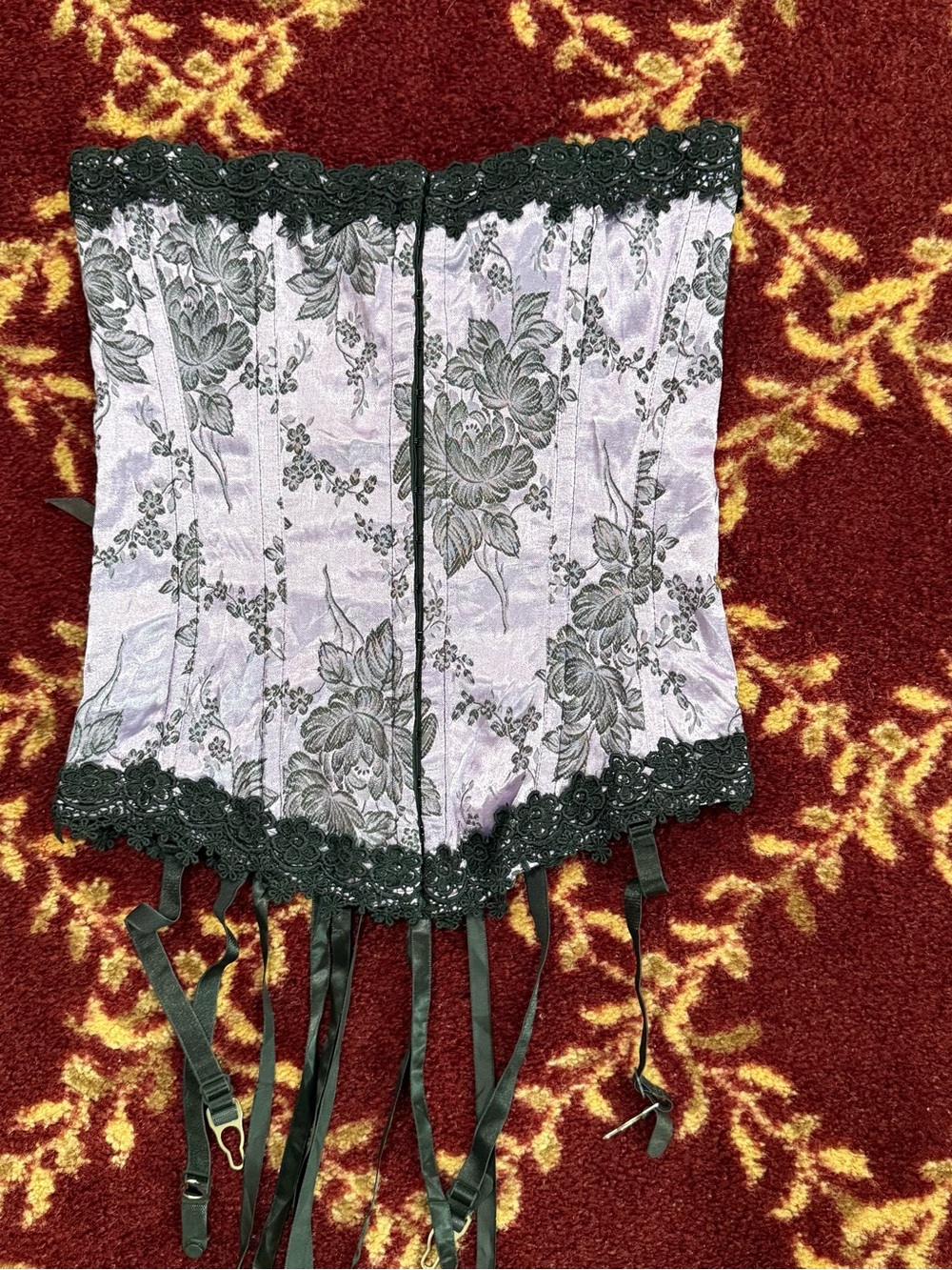 Shirley of Hollywood Lavender and Black Floral Lace Corset with Garter Straps